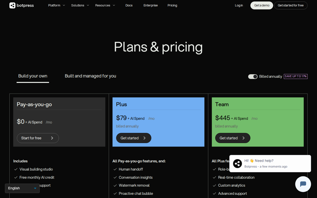botpress pricing screenshot