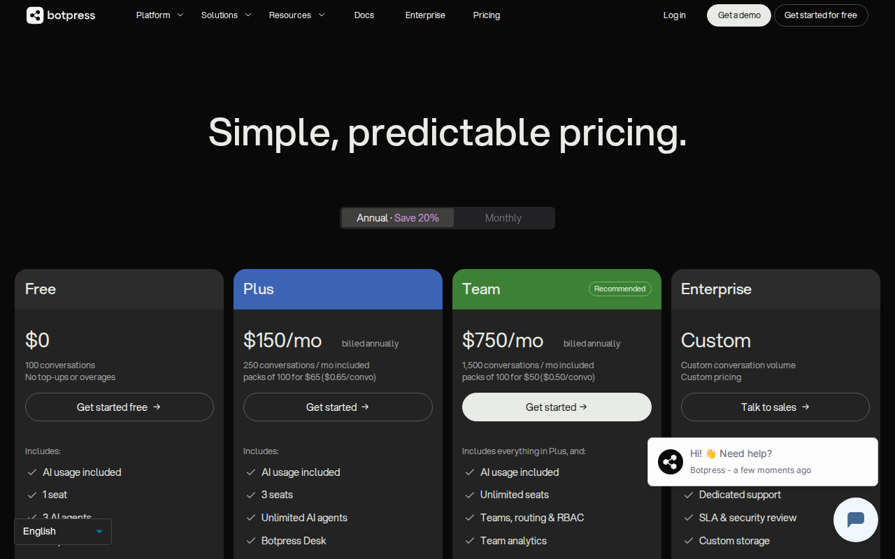 botpress pricing screenshot