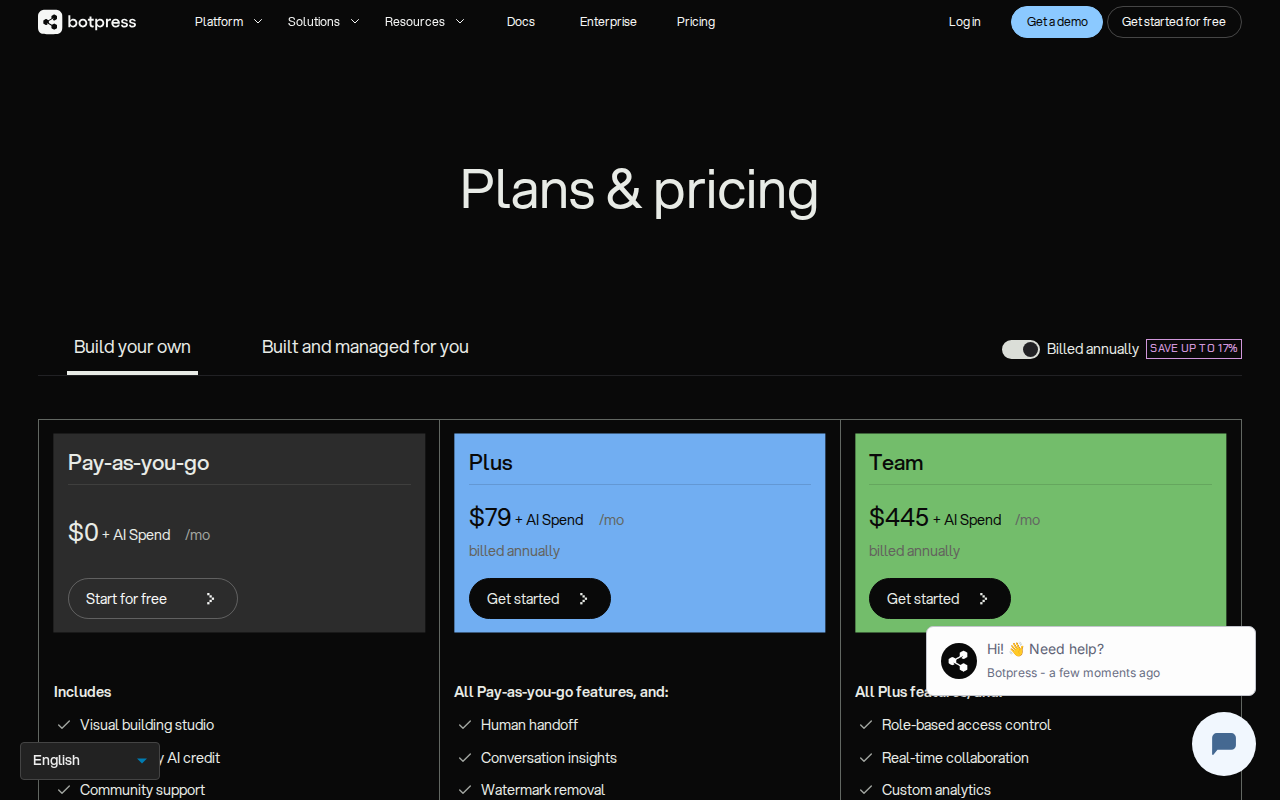 botpress pricing screenshot