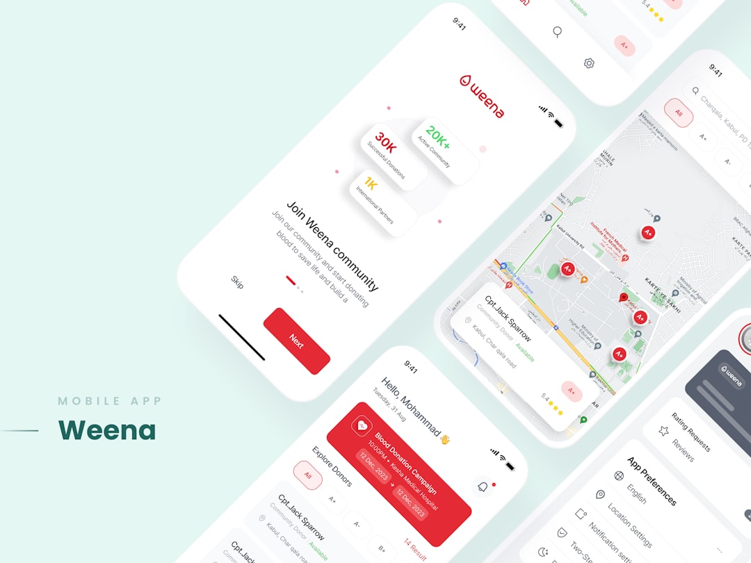Mobile app interface design with map and social feed.