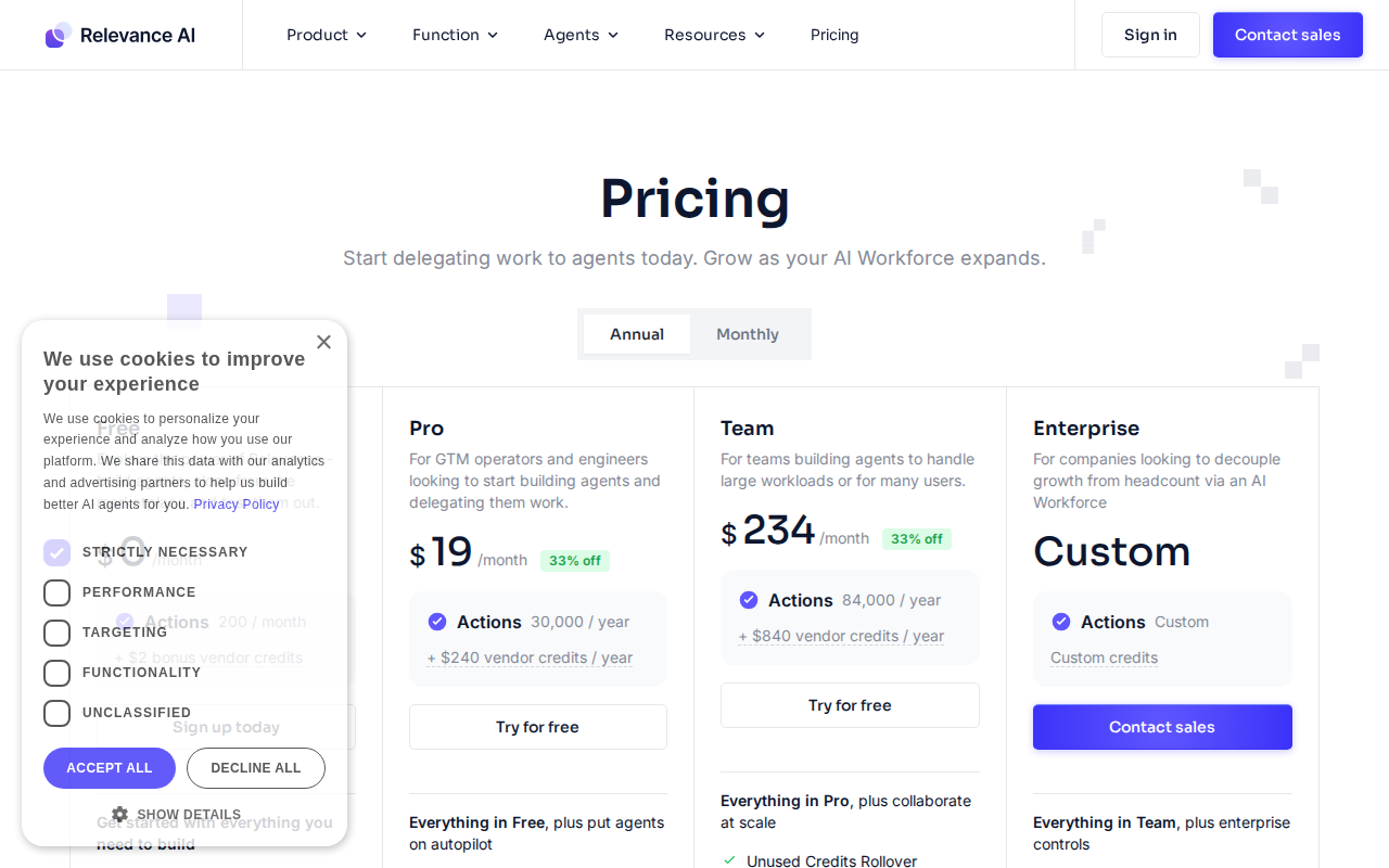 relevanceai pricing screenshot